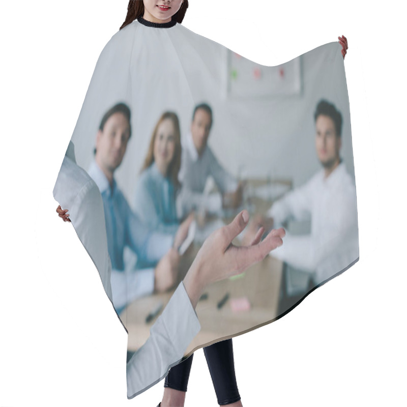 Personality  Partial View Of Businesswoman And Colleagues Behind At Workplace In Office Hair Cutting Cape