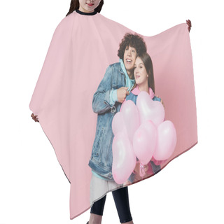 Personality  Cheerful Teenager Sanding Near Girlfriend With Balloons Isolated On Pink Hair Cutting Cape
