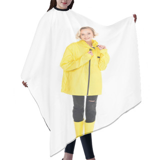 Personality  Young Woman In Stylish Yellow Raincoat And Rain Boots Isolated On White Hair Cutting Cape