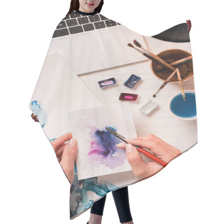 Personality  Cropped View Of Designer Working At Office Desk With Laptop And Designer Supplies Hair Cutting Cape