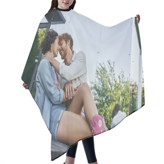 Personality  Joyful Redhead Man Embracing Stylish Asian Woman On Porch Of Glass House In Countryside Hair Cutting Cape