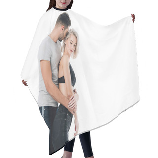 Personality  Beautiful Heterosexual Couple Embracing Isolated On White Hair Cutting Cape