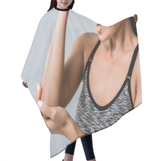 Personality  Cropped View Of Sportswoman With Elbow Pain Isolated On Grey Hair Cutting Cape