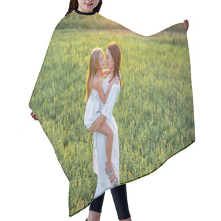 Personality  High Angle View Mother And Daughter Embracing In Green Meadow On Sunset Hair Cutting Cape