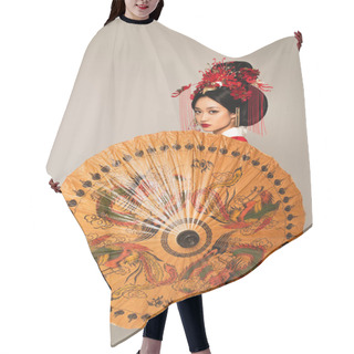 Personality  Asian Woman Holding Traditional Umbrella Isolated On Grey  Hair Cutting Cape