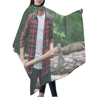 Personality  Cropped View Of Lumberman In Plaid Shirt Holding Axe In Forest Hair Cutting Cape
