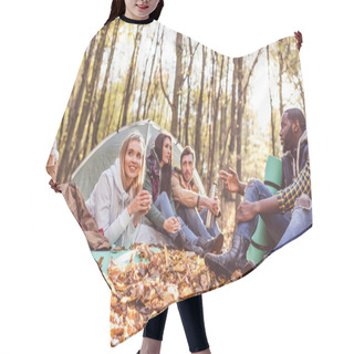 Personality  Young Friends Travelers In Forest Hair Cutting Cape