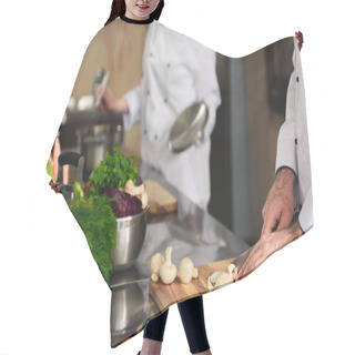 Personality  Close-up View Of Professional Team Of Cooks Preparing Ingredients On Kitchen Hair Cutting Cape
