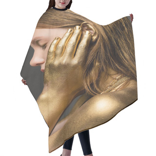 Personality  Side View Of Young Woman In Golden Paint Touching Ear Isolated On Grey  Hair Cutting Cape