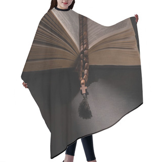 Personality  Holy Bible With Rosary On Black Dark Background With Sunlight  Hair Cutting Cape