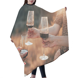 Personality  Crop Anonymous Female Friends Toasting With Glasses Of Red Wine During Outdoor Party In Summer Evening In Countryside Hair Cutting Cape