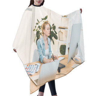 Personality  Beautiful Young Retoucher Working With Desktop Computer And Drawing Tablet Hair Cutting Cape