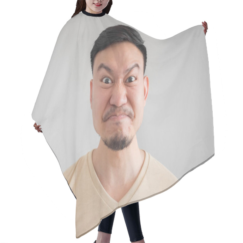 Personality  Headshot Of Angry And Mad Face Of Asian Man With Beard And Mustache. Hair Cutting Cape