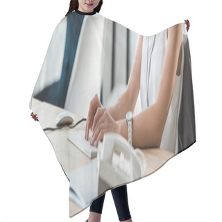 Personality  Panoramic Shot Of Woman In Typing On Computer Keyboard In Office  Hair Cutting Cape