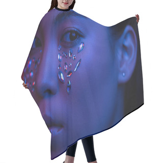 Personality  Beautiful Asian Girl With Rhinestones On Face In Blue Light Hair Cutting Cape