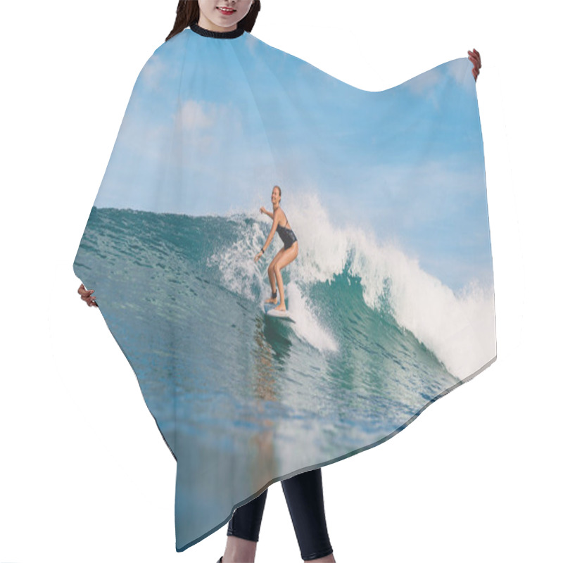 Personality  Surfer Woman At Surfboard On Ocean Wave. Sporty Woman In Ocean During Surfing. Hair Cutting Cape