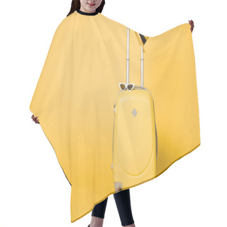 Personality  Bright Yellow Suitcase, Sunglasses And Straw Hat On Yellow Background Hair Cutting Cape