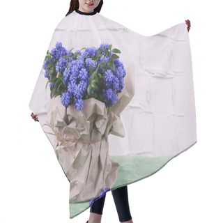 Personality  Beautiful Bouquet Of Muscari - Hyacinth In Vase On Wall Background Hair Cutting Cape