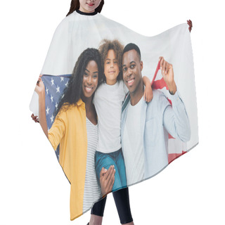 Personality  African American Family Holding Flag Of America While Looking At Camera  Hair Cutting Cape