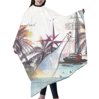 Personality  Illustration With Ship Bottle And Palm Trees For Design. Sea And Hair Cutting Cape