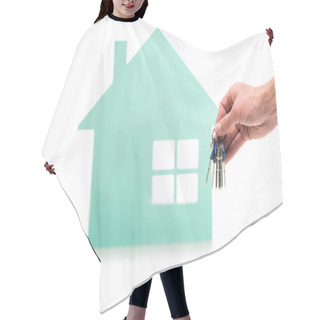 Personality  Cropped Shot Of Male Hand With Keys And House Model Isolated On White Hair Cutting Cape
