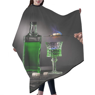 Personality  Cropped Shot Of Woman Holding Spoon With Sugar Cubes Over Burning Absinthe In Glass On Dark Background Hair Cutting Cape