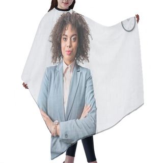 Personality  Attractive African American Businesswoman Standing With Folded Arms Hair Cutting Cape