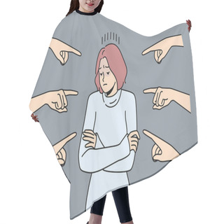 Personality  Distressed Young Woman Stand Surrounded By Numerous Fingers Pointing. Unhappy Female Feel Bullying And Harassment In Society. Vector Illustration.  Hair Cutting Cape