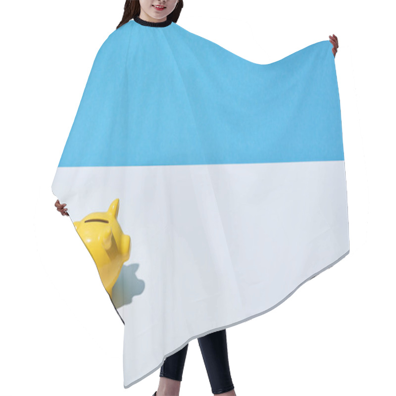 Personality  Yellow Piggy Bank On White Desk And Blue Background Hair Cutting Cape