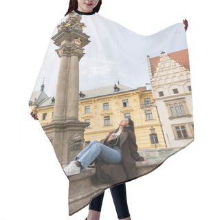 Personality  Young Woman Holding Paper Cup Near Statue Of Saint Joseph And Fountain In Charles Square In Prague  Hair Cutting Cape