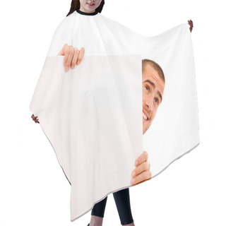 Personality  Portrait Of A Happy Male Holding Blank White Card Hair Cutting Cape