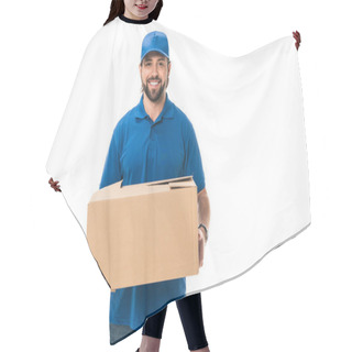 Personality  Handsome Happy Young Delivery Man Holding Cardboard Box And Smiling At Camera Isolated On White  Hair Cutting Cape