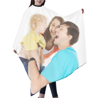 Personality  Happy Family Playing With Child Raising Him Up Hair Cutting Cape