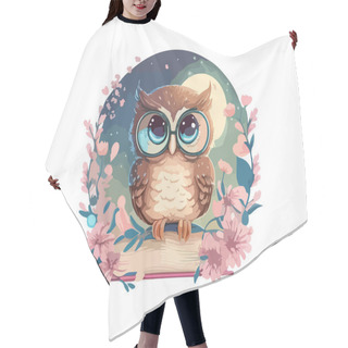 Personality  Wise Owl With Glasses Sitting On A Book, Cosmic Background With Moon And Stars Decorated By Flower Frame In White Background Hair Cutting Cape