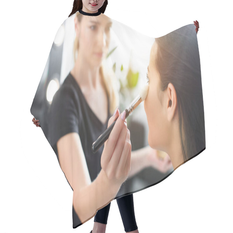 Personality  Selective Focus Of Woman Getting Makeup Done By Makeup Artist Hair Cutting Cape
