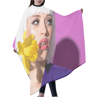Personality  Gorgeous Girl In White Wig Holding Yellow Flower And Looking Away With Open Mouth On Purple Background Hair Cutting Cape