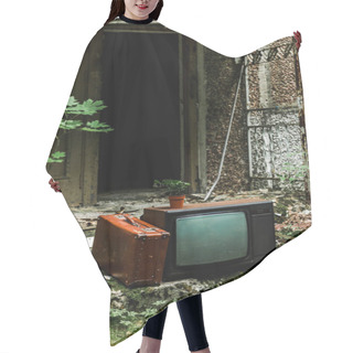 Personality  Retro Tv Near Suitcase On Green Stairs With Mold  Hair Cutting Cape