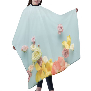 Personality  Top View Of Spring Flowers Scattered On Blue Background Hair Cutting Cape