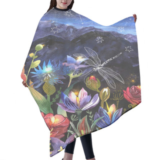 Personality  Night Watercolor Landscape With Mountains And Flowers. Hand Drawn Magic Style Illustration.  Hair Cutting Cape