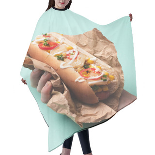 Personality  Cropped View Of Woman Holding Tasty Hot Dog In Paper On Blue Hair Cutting Cape