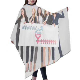 Personality  Young Businesswomen Holding Large Sign With Gender Equality Symbol On Grey Background Hair Cutting Cape