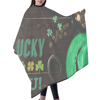 Personality  Flat Lay With Horseshoe, Hat And Pot Of Gold On Wooden Tabletop With Lucky You Lettering Hair Cutting Cape