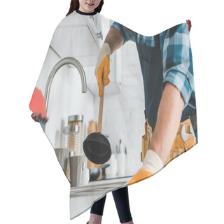 Personality  Cropped View Of Repairman Holding Plunger In Kitchen Hair Cutting Cape