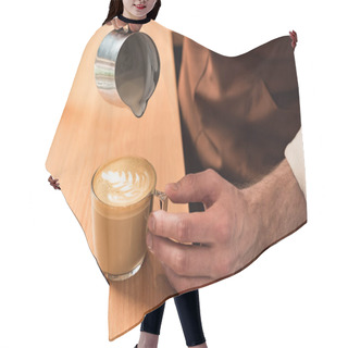 Personality  Cropped View Of Barista Pouring Milk In Coffee Hair Cutting Cape