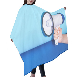Personality  Cropped View Of Woman Holding Loudspeaker On Turquoise Background  Hair Cutting Cape