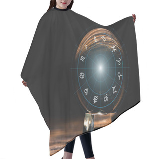 Personality  Crystal Ball With Zodiac Signs Illustration On Wooden Table Isolated On Black Hair Cutting Cape