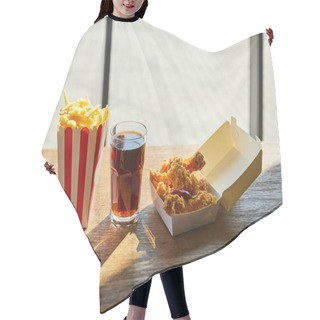 Personality  Spicy Deep Fried Chicken, French Fries And Soda In Glass On Wooden Table In Sunlight Near Window Hair Cutting Cape