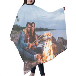 Personality  Happy Couple Roasting Marshmallows On Sticks Near Bonfire  Hair Cutting Cape