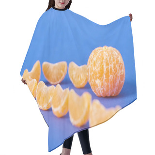 Personality  Selective Focus Of Tangerine Slices Near Peeled Clementine On Blue Background Hair Cutting Cape