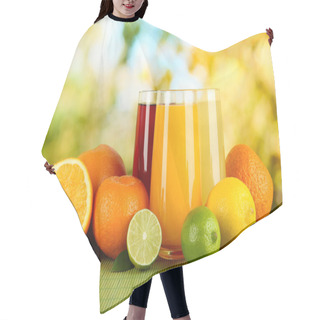 Personality  Glasses Of Juise With Leafs And Fruits On Table On Bright Background Hair Cutting Cape